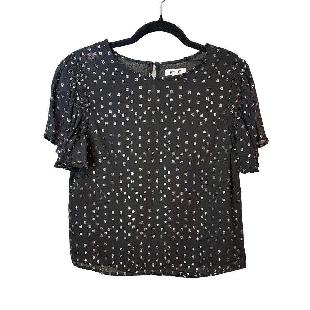 BB Dakota Black Silver Metallic Blouse Womens Size Small Flutter Sleeve Top
